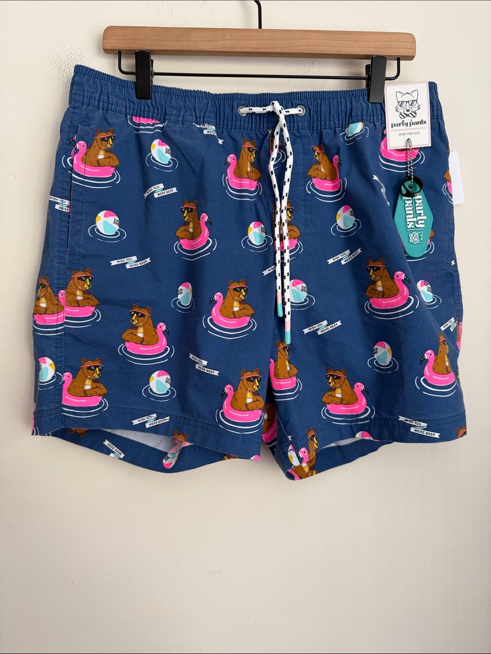Party Pants Men's Swim Shorts bear on floaties blue L NWT